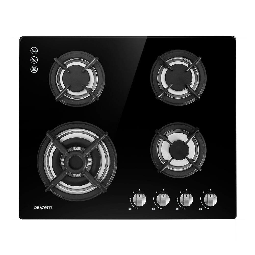 Full front view of the Devanti 60cm 4-burner black gas cooktop with sleek tempered glass surface.