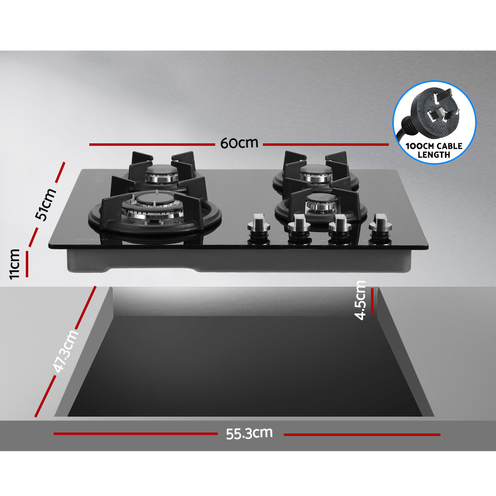 Installed Devanti 60cm gas cooktop flush with benchtop in modern kitchen.