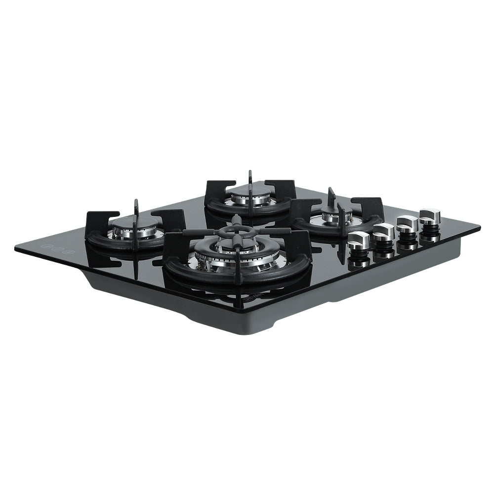 Side angle view showing all four burners and black tempered glass design.