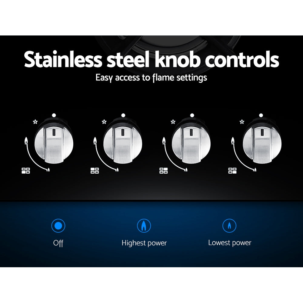 Galvanized knob controls with safety lock for the Devanti gas cooktop.