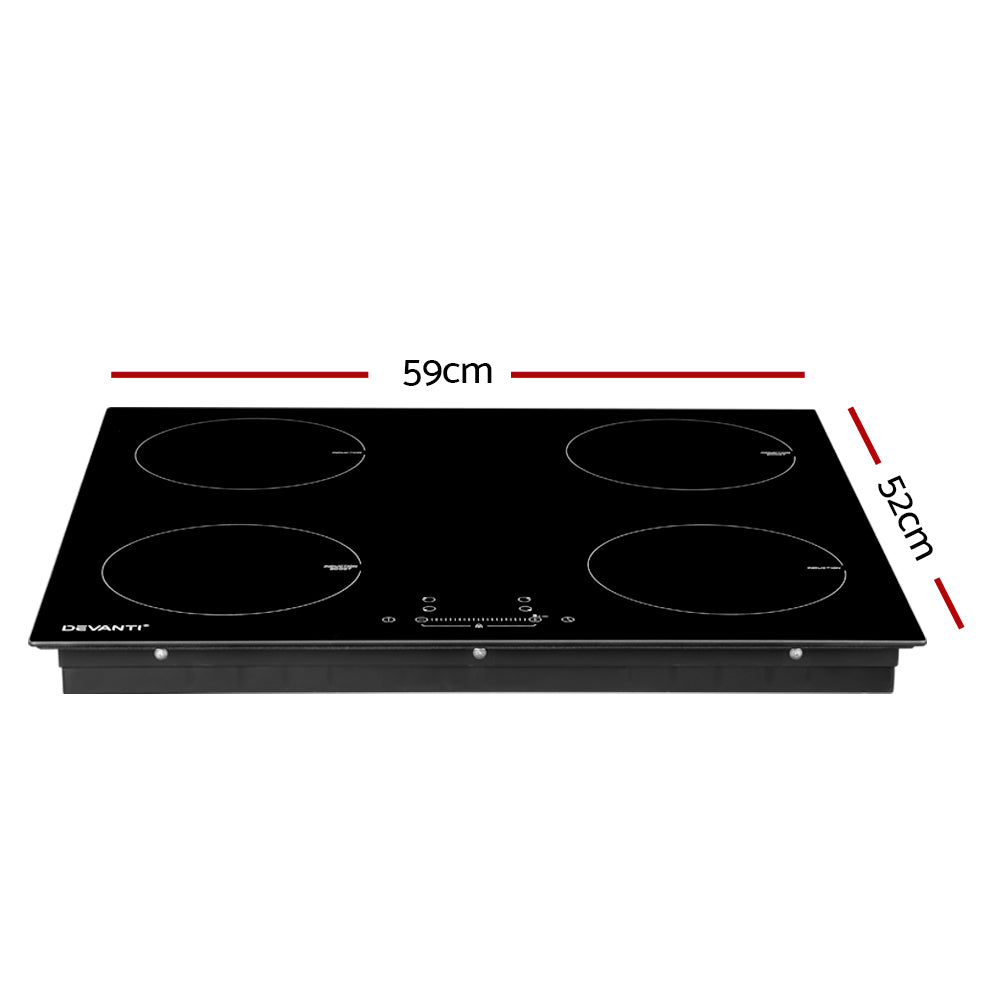 Black glass cooktop with dimensions labeled on a white background