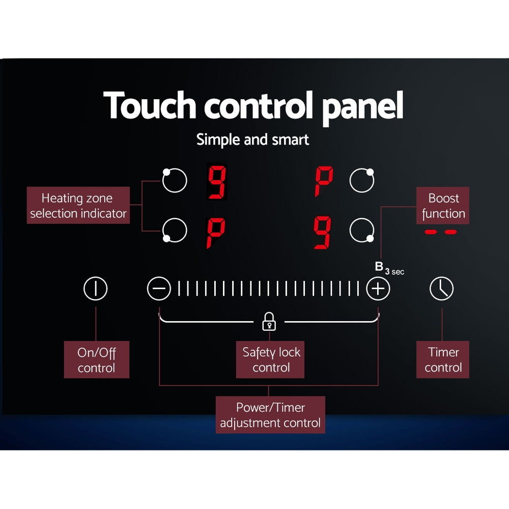 Touch control panel with labeled functions on a black background