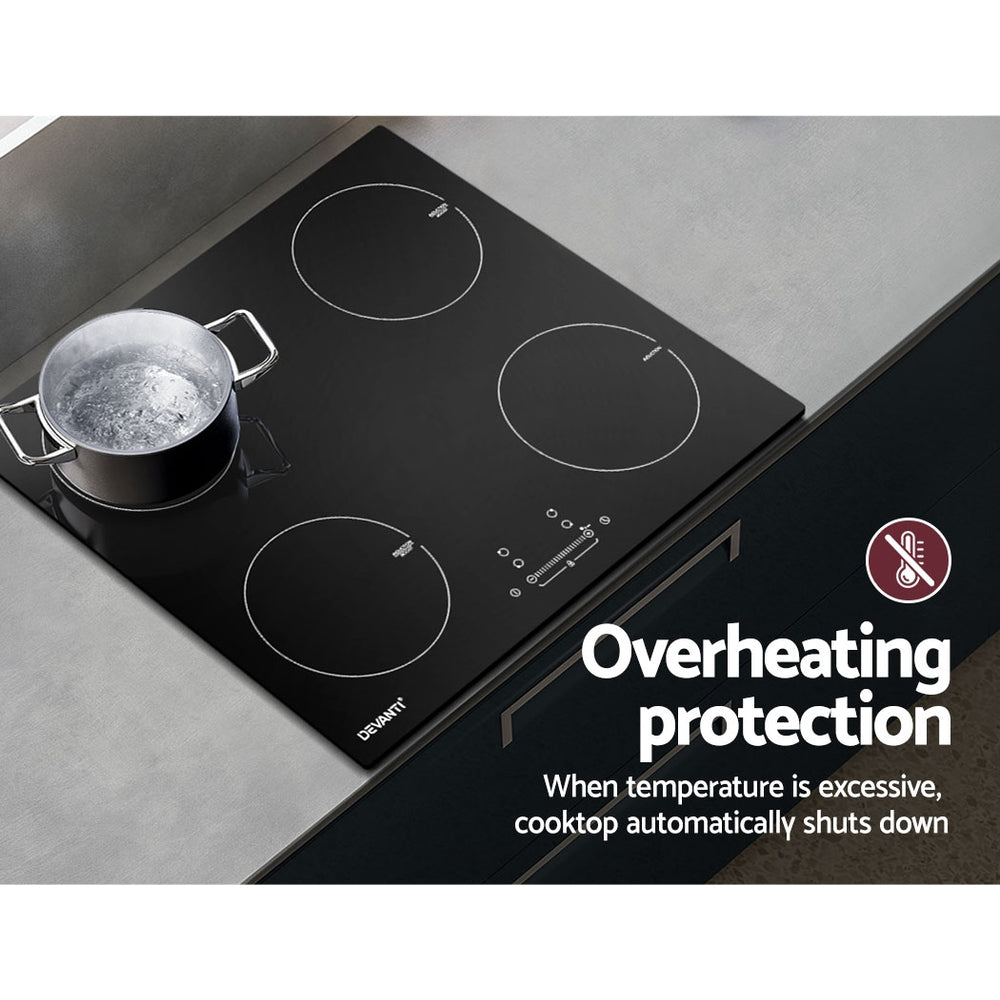Induction cooktop with pot on a gray countertop, featuring overheating protection text.