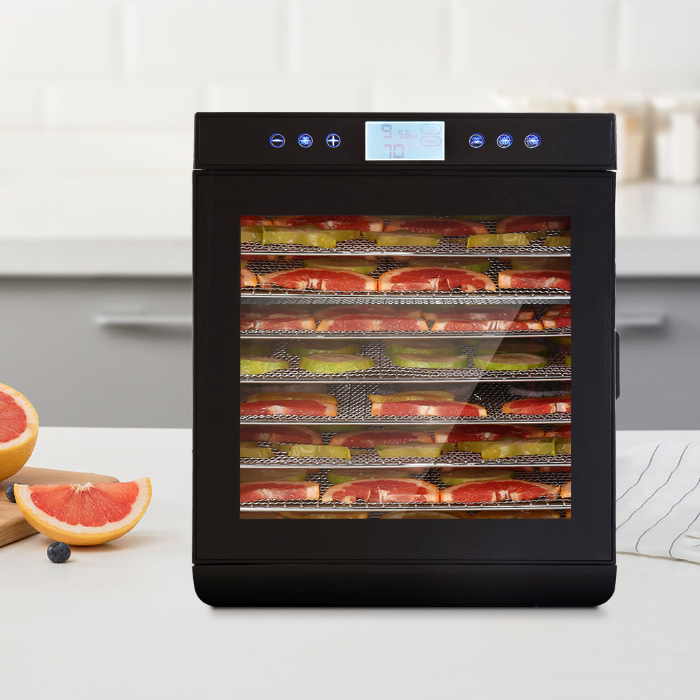 Full angled view of the compact, modern dehydrator with anti-slip feet