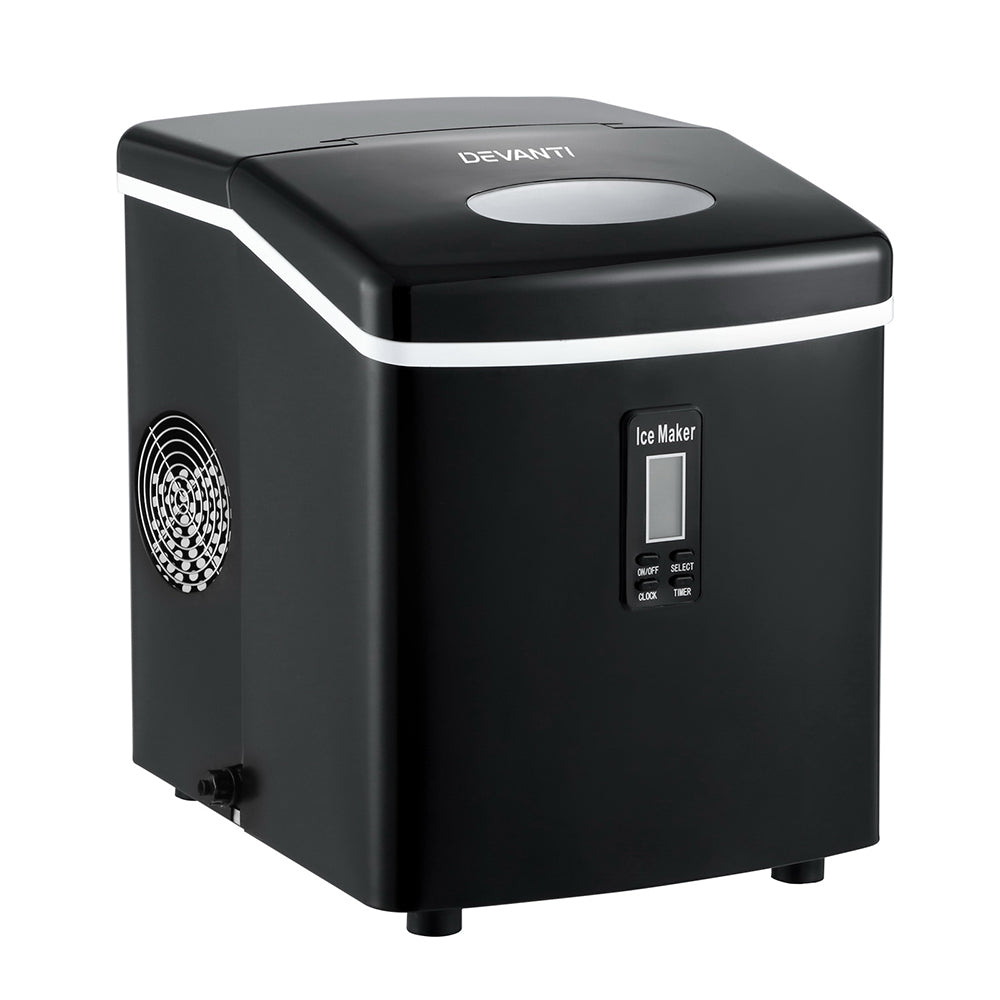 Sleek black DEVANTI ice maker with LED control panel and viewing window.