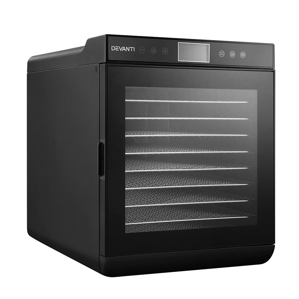 Front view of the Devanti dehydrator showcasing its stainless steel build and LCD panel