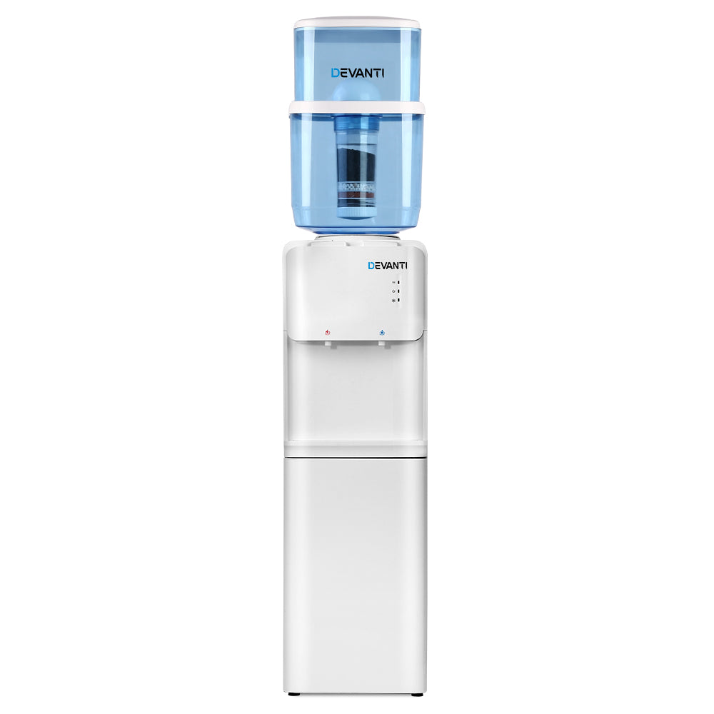Full front view of the Devanti water cooler with 22L top bottle and LED indicators