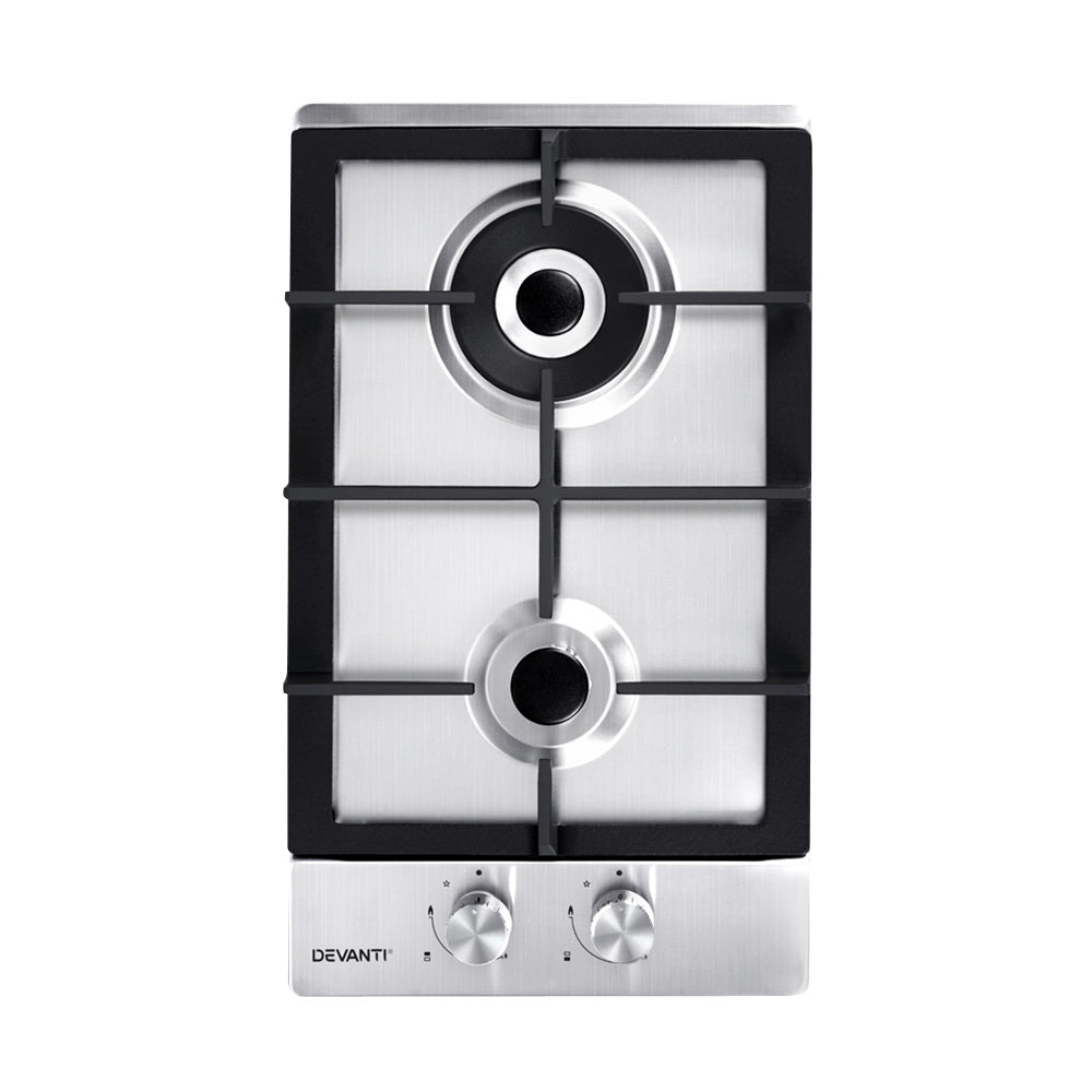 Top-down view of the Devanti gas cooktop with two burners and stainless steel finish.