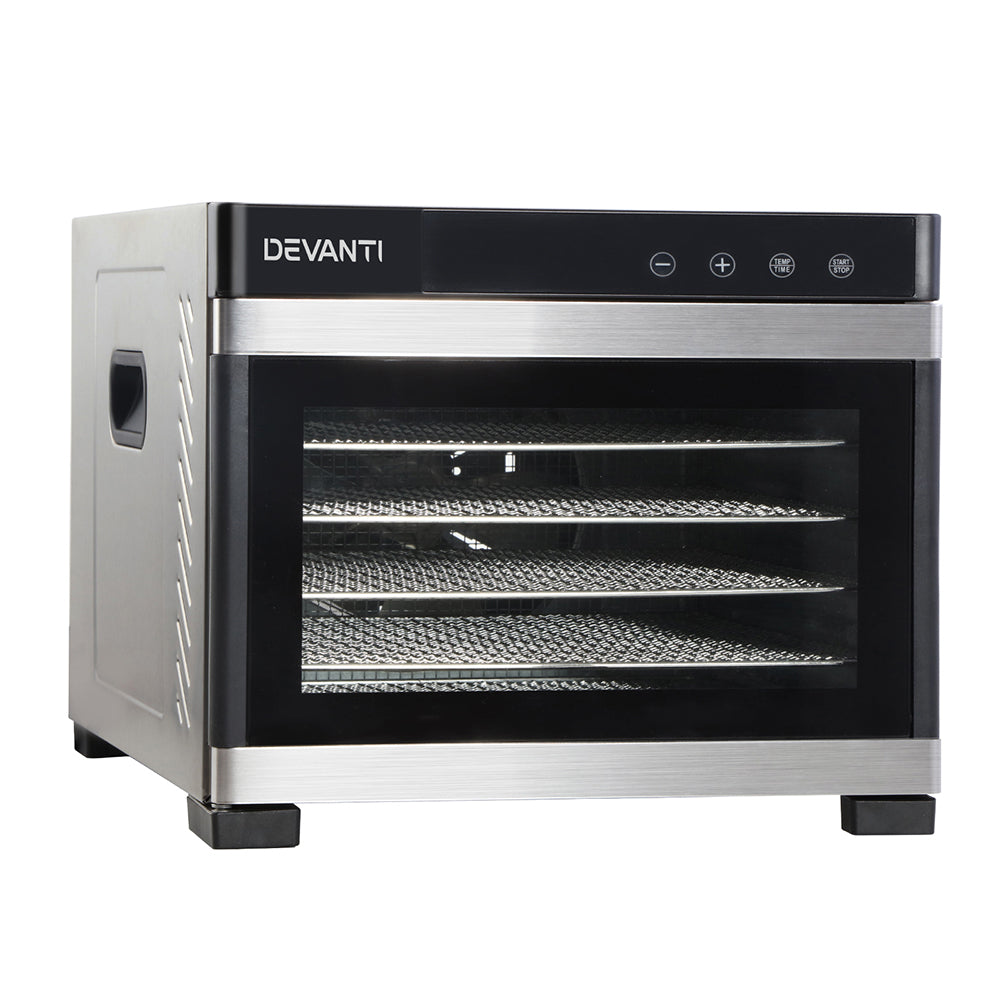 Sleek front view of the Devanti stainless steel food dehydrator with transparent door.