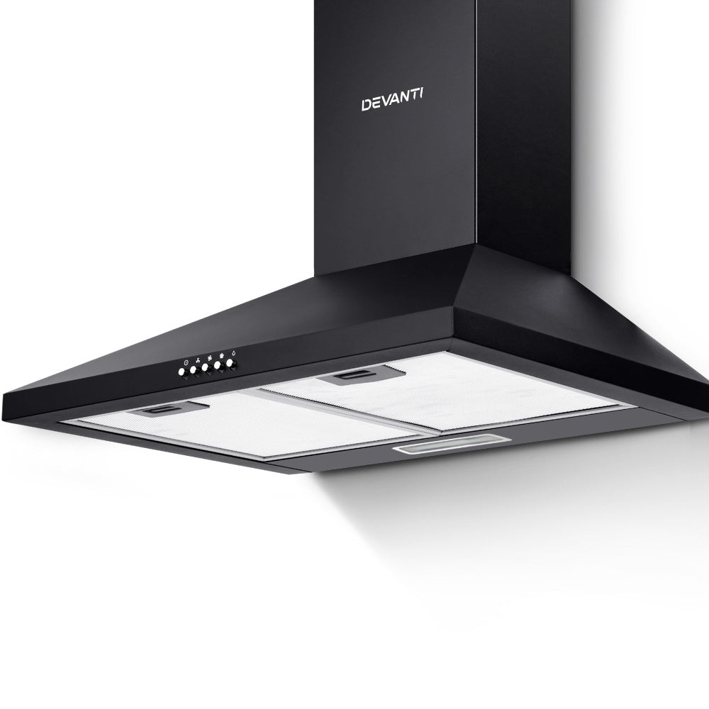 Front view of Devanti 600mm black range hood