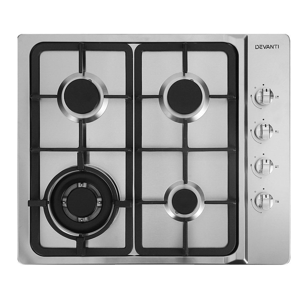 Stylish front view of Devanti 60cm 4-burner stainless steel gas cooktop with cast iron grates