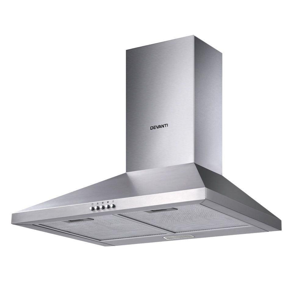 Front view of Devanti RH-DV60-SS stainless steel range hood showing the sleek brushed finish and wide suction area.