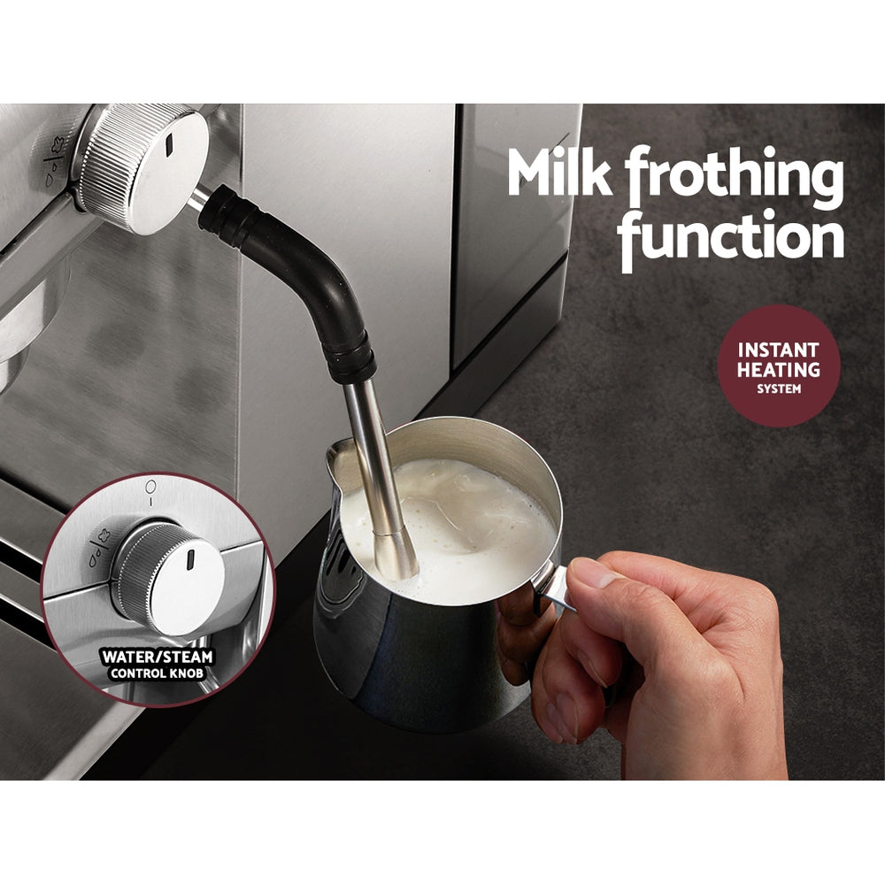 Side view of espresso machine highlighting stainless steel milk frother for making creamy lattes and cappuccinos.