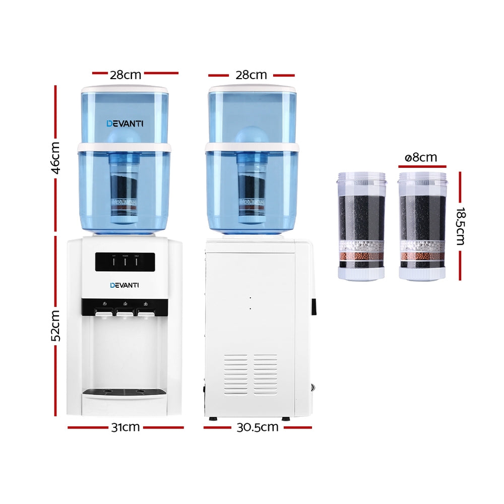 Lifestyle image of the Devanti Water Cooler placed on a kitchen bench, demonstrating compact fit.