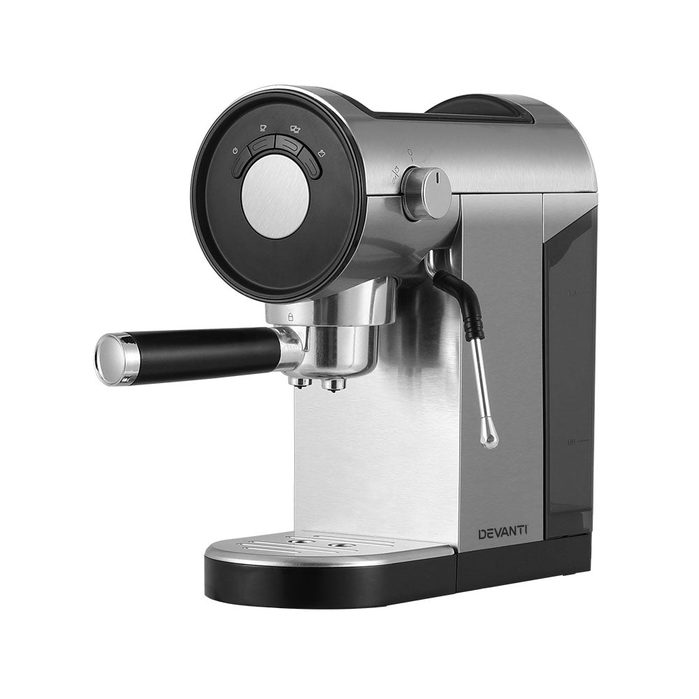 Front angle of Devanti 20 Bar Espresso Machine showing control buttons and portafilter in black and silver finish.