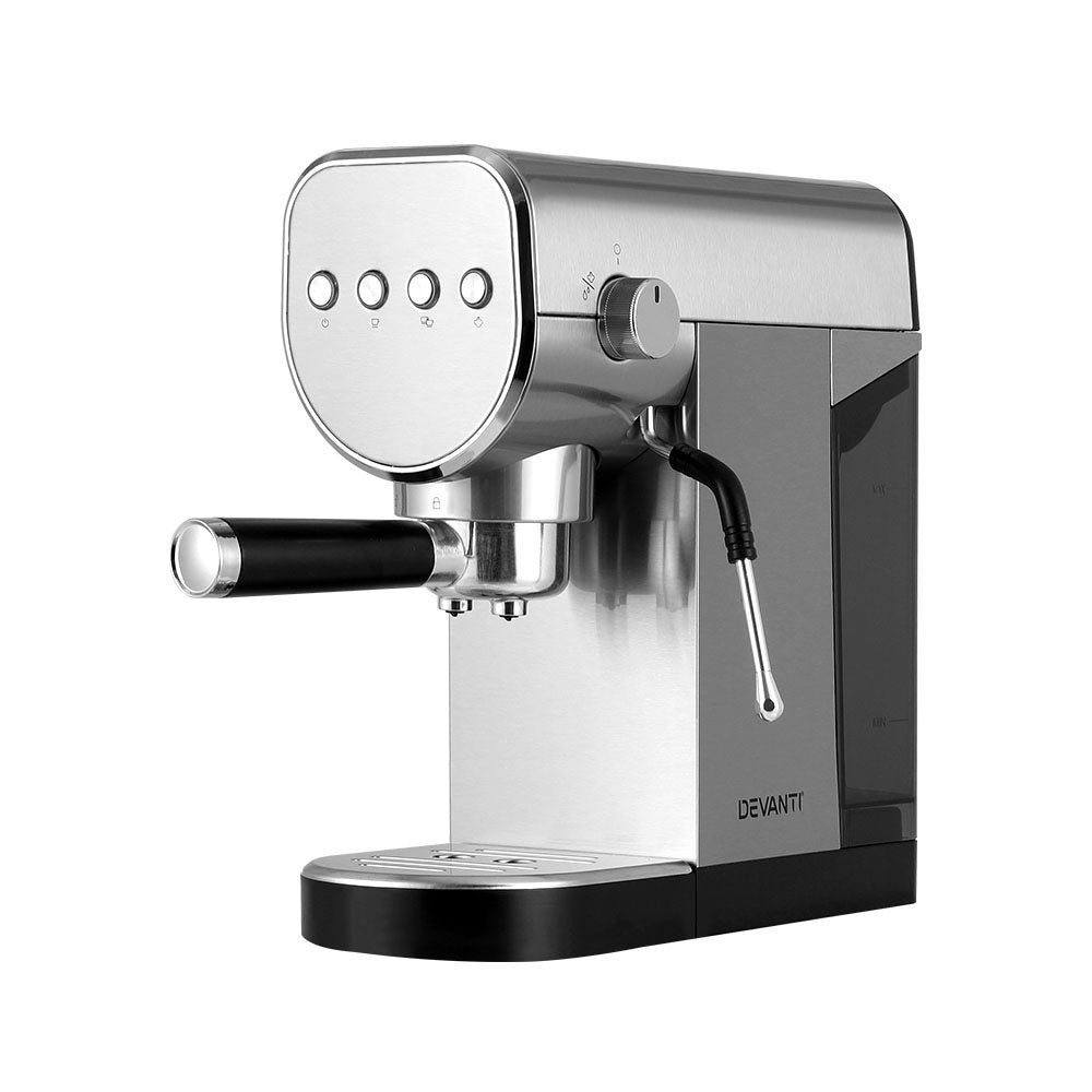 Compact Devanti espresso machine with control knob and portafilter in modern kitchen.