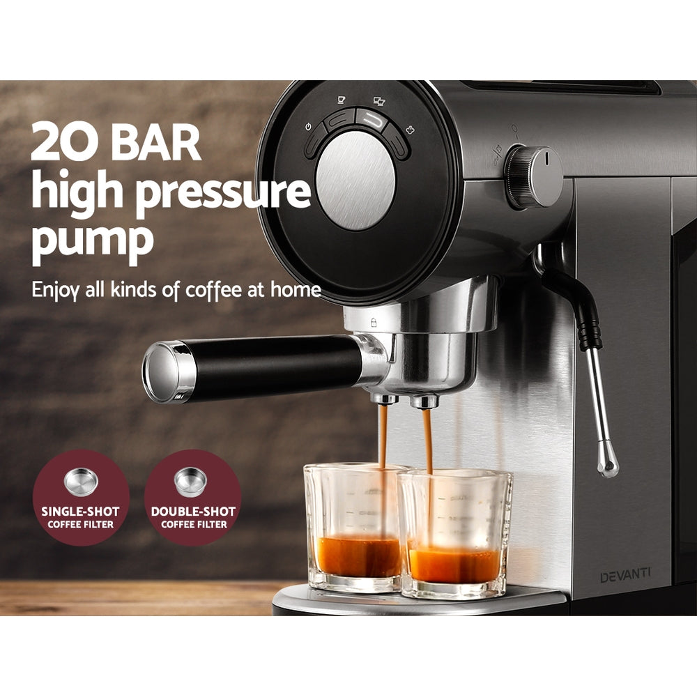 Espresso shot pouring with rich crema from the Devanti machine into a glass coffee cup.