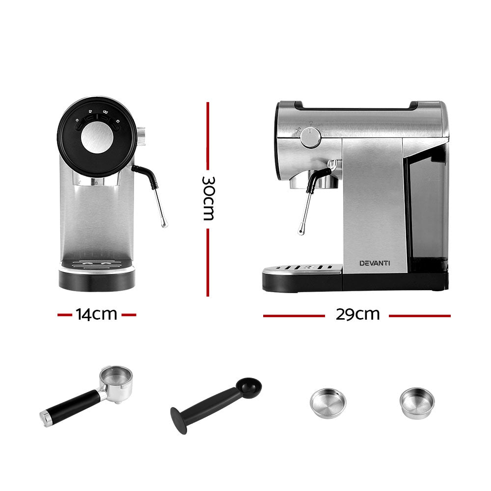Full accessory set including portafilter, filters, tamper spoon, and drip tray laid out beside the machine.