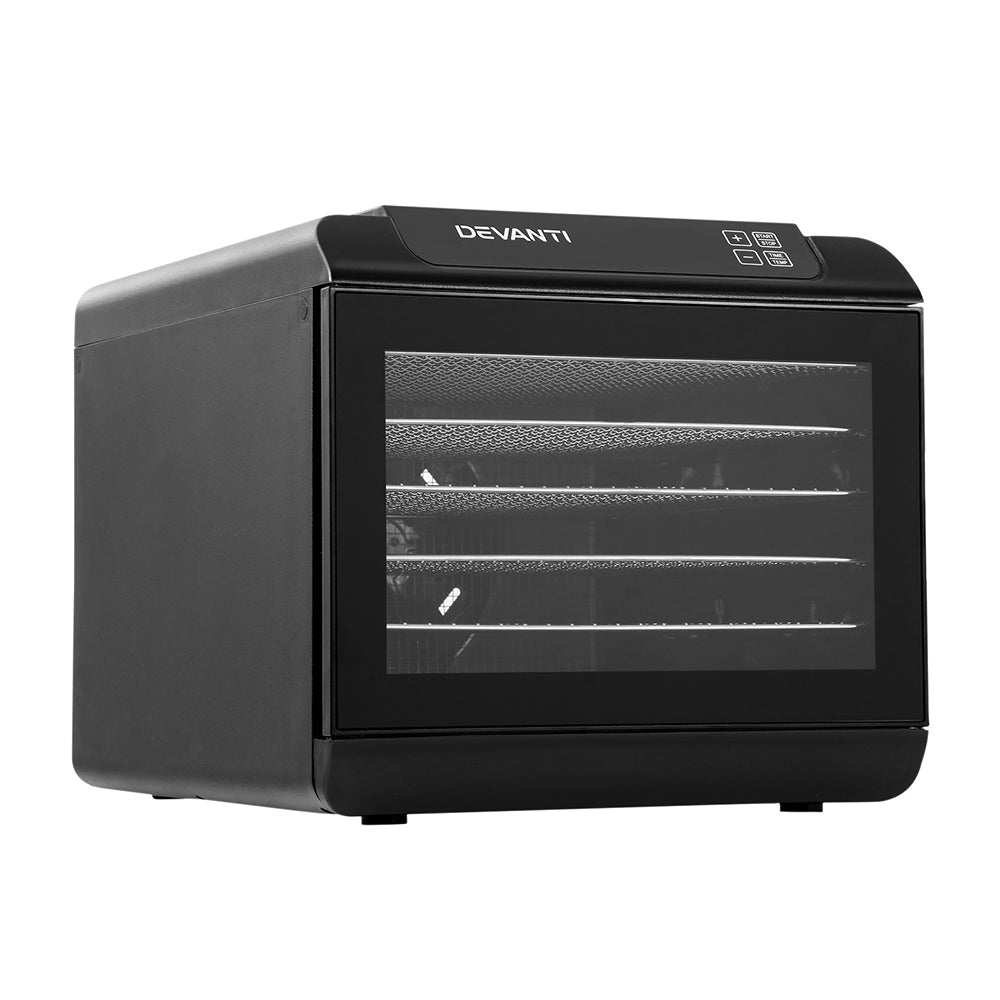 Front-facing image of the Devanti 6-tray food dehydrator showcasing its stainless steel build and digital control panel.