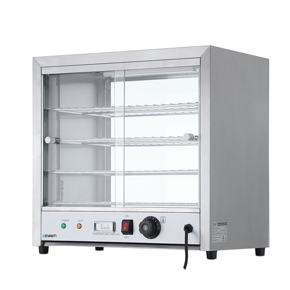 Front view of Devanti 4-tier commercial food warmer with glass display and stainless steel trays