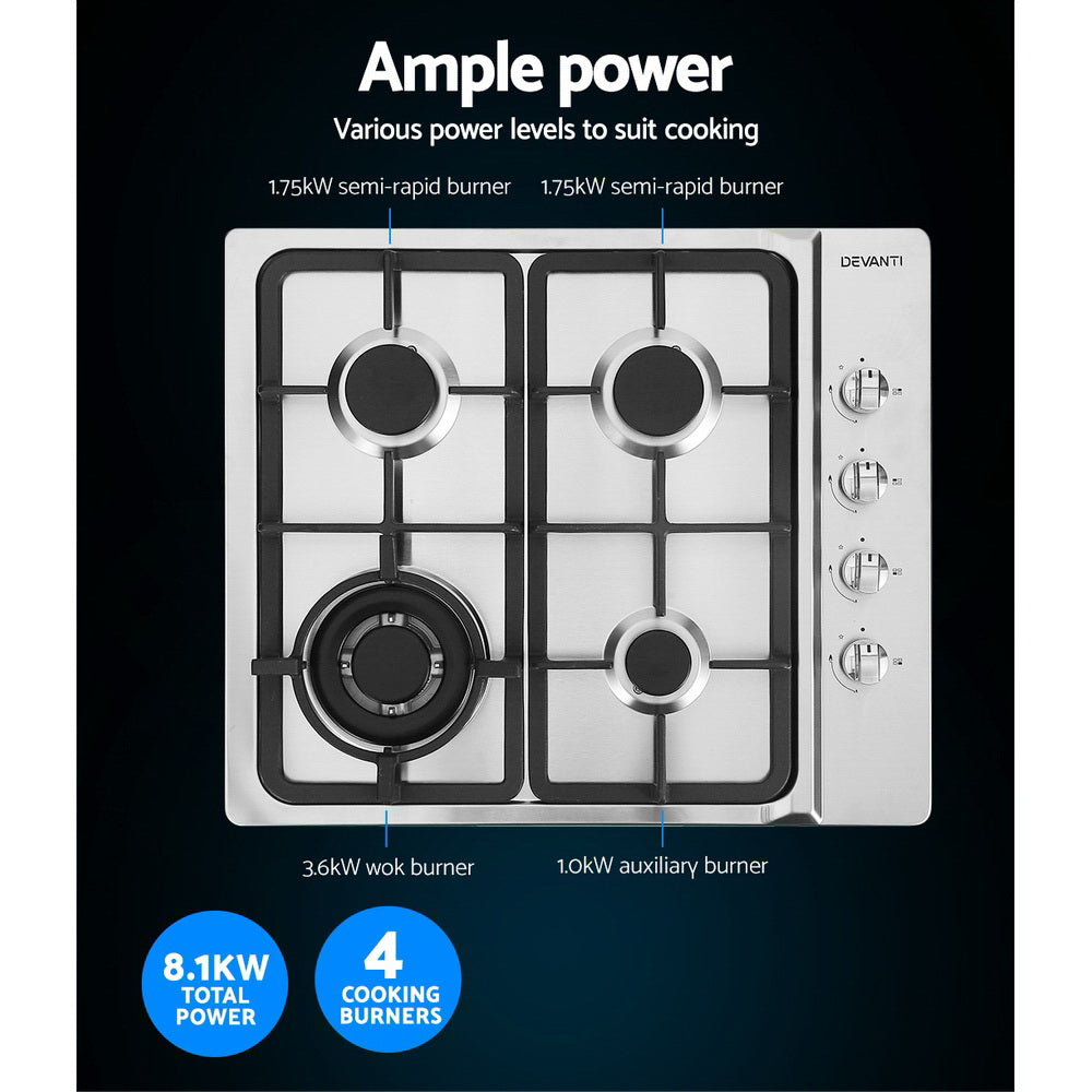Close-up of burner on Devanti gas cooktop showing stainless steel finish