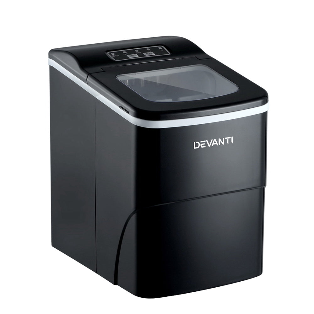 Sleek black Devanti ice cube maker showing compact front-facing design with control panel.