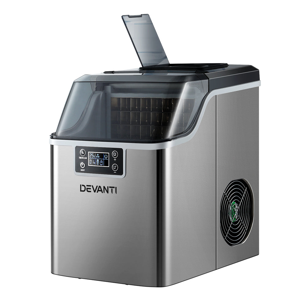 Compact Devanti ice maker placed on a kitchen counter with visible water reservoir and LED control panel.