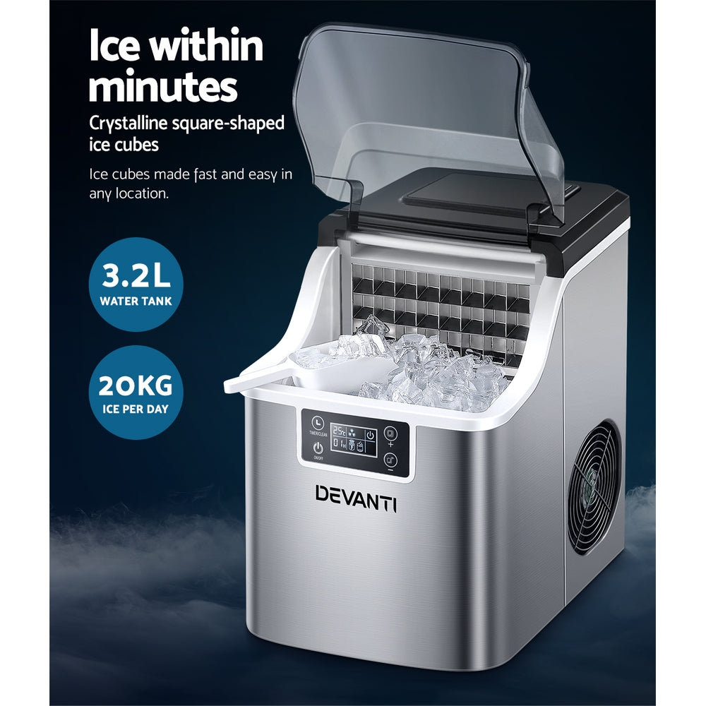 Close-up of the Devanti ice maker dispensing 24 freshly made ice cubes from the removable basket.