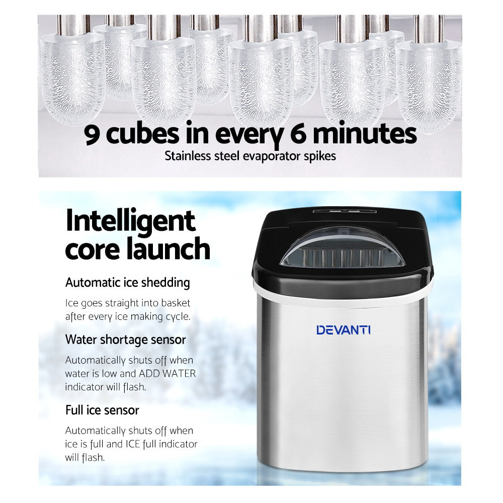 Devanti ice maker in use next to a tray of iced drinks, highlighting fast ice production for entertaining.