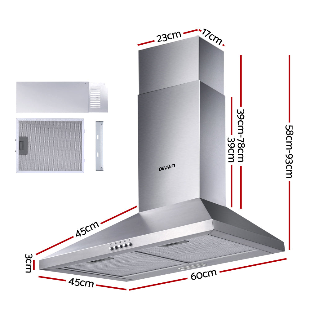 Highlighting the adjustable stainless steel chimney of the Devanti RH-DV60-SS for variable ceiling heights.