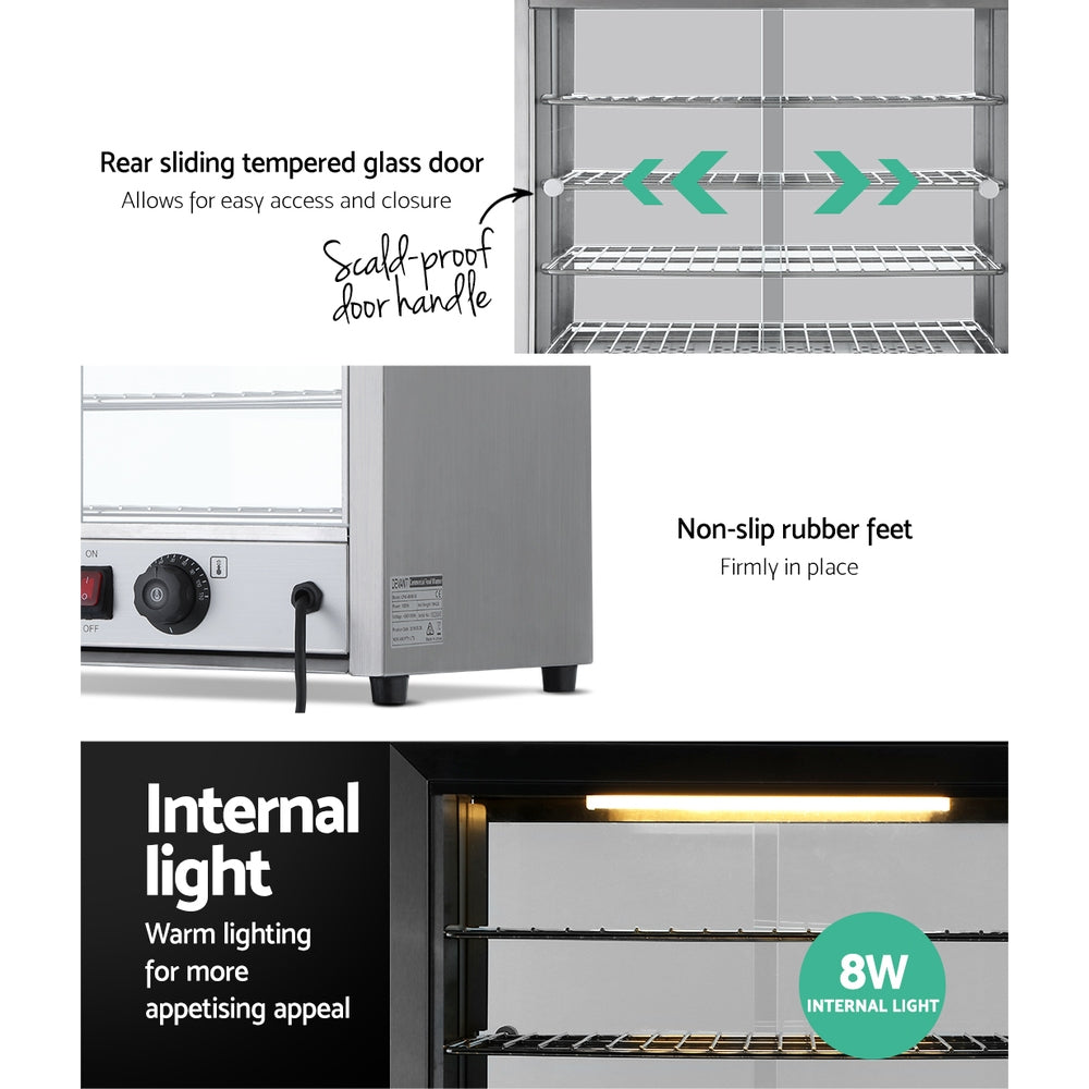 Rear sliding tempered glass door of Devanti food warmer for easy food access