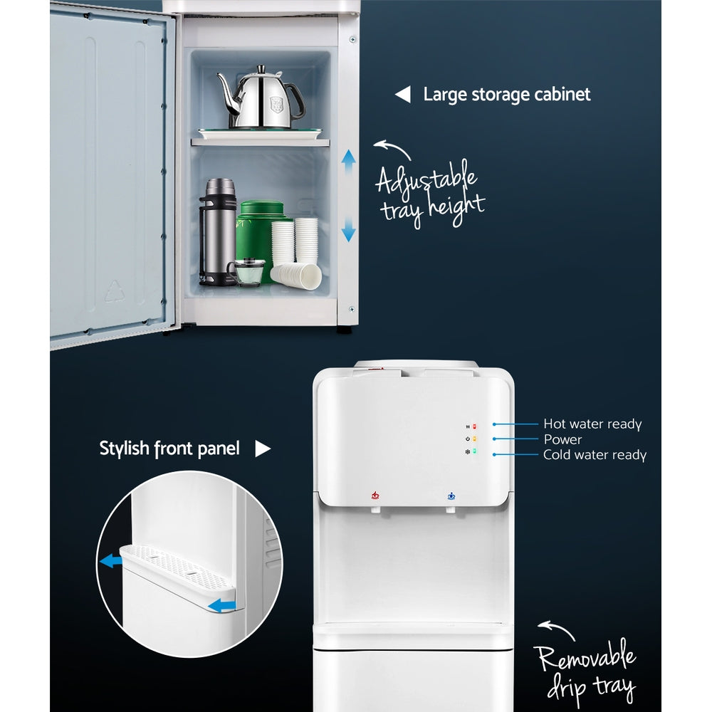 Water cooler showing open bottom cabinet for storage