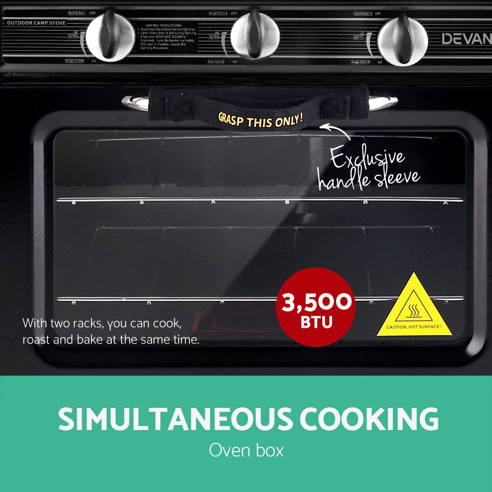 Two removable oven racks inside the Devanti portable gas oven for roasting and baking.