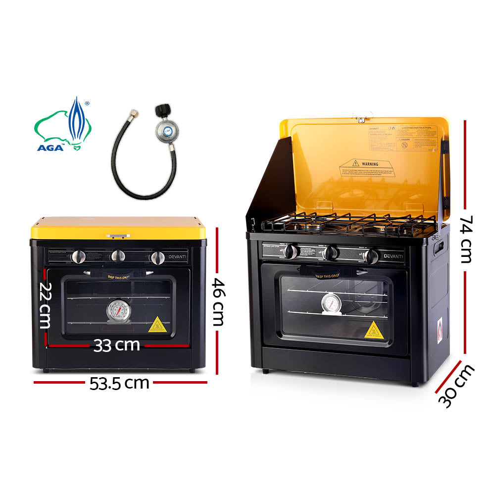 Complete setup of Devanti portable gas oven showing the hose, regulator, and carry handles.