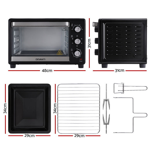 Devanti toaster oven with dimensions and accessories on a white background