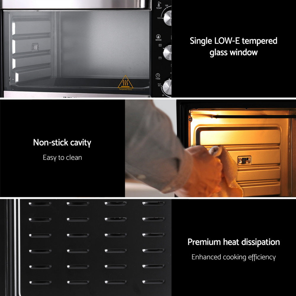 Oven with features highlighted: single LOW-E tempered glass window, non-stick cavity, and premium heat dissipation.