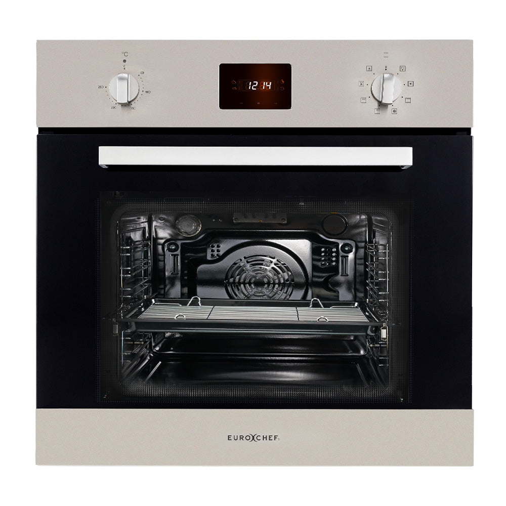 Front view of EuroChef 80L fan forced built-in electric oven in stainless steel
