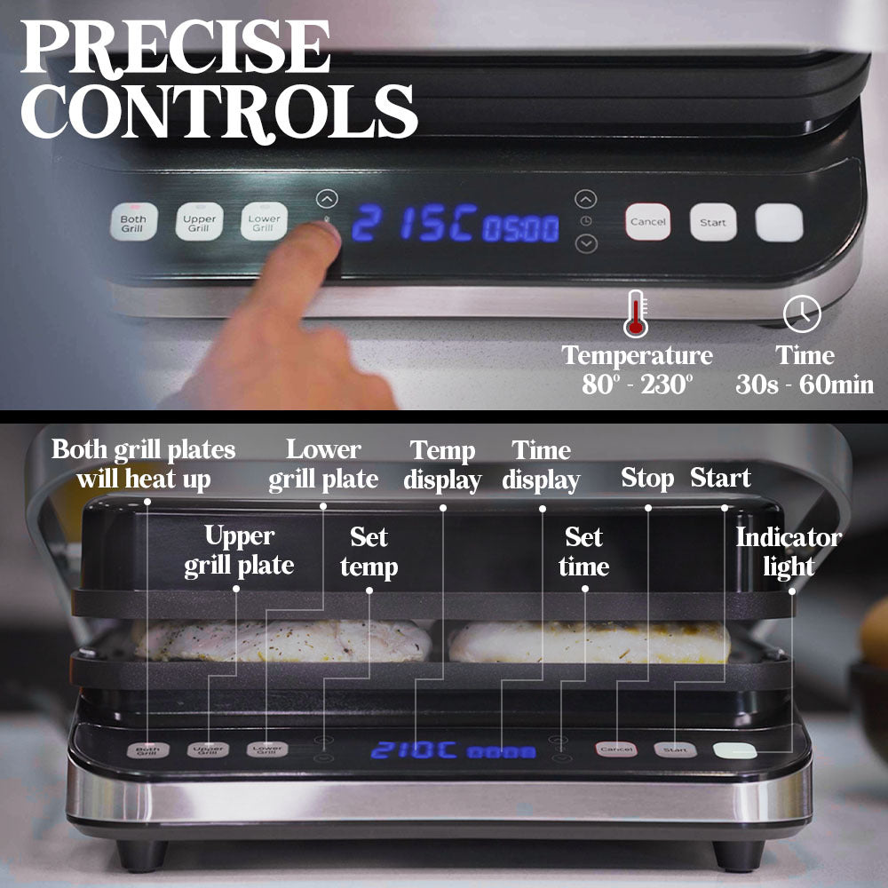 Digital control panel showing temperature and timer settings on EuroChef grill