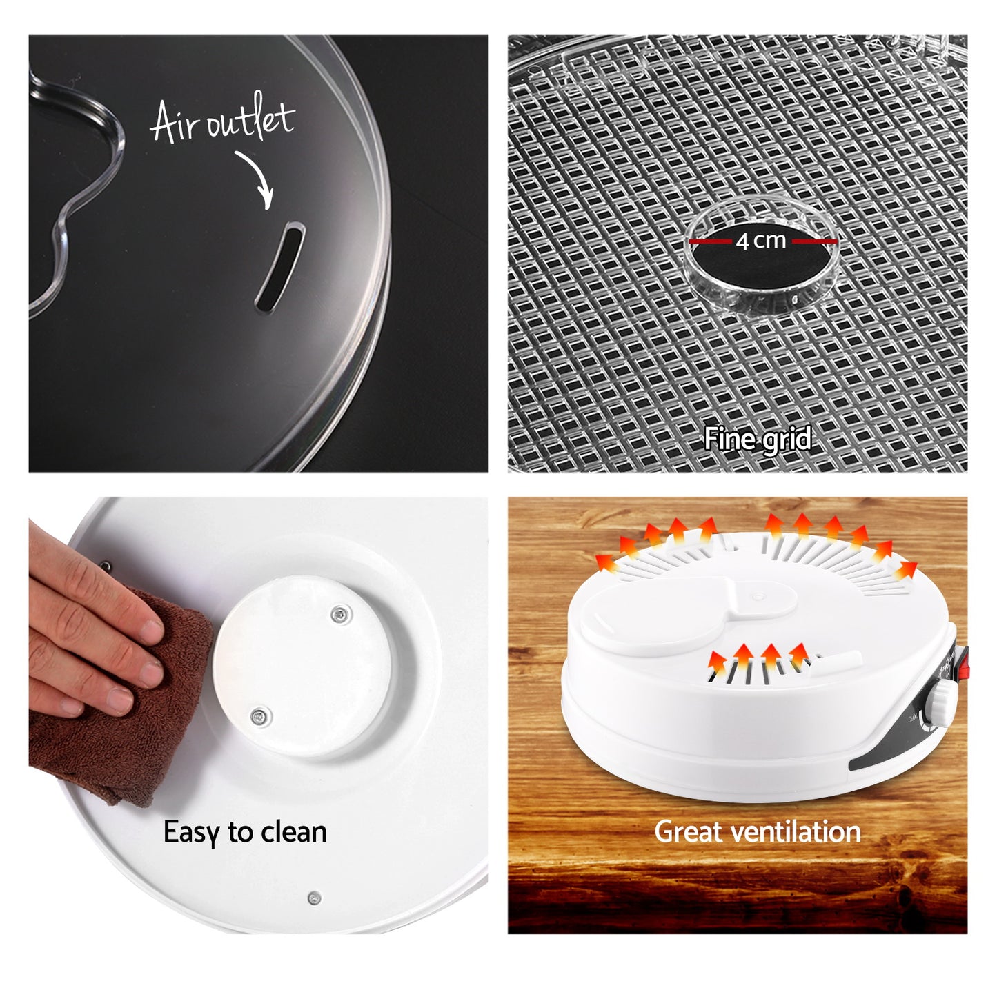 Product features including air outlet, fine grid, easy cleaning, and great ventilation on a white background.