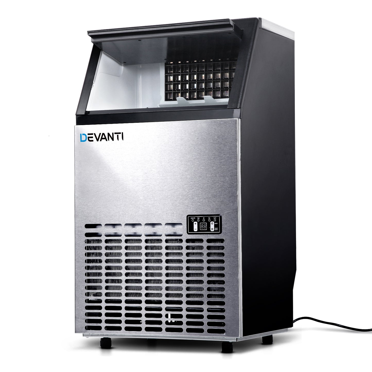 The sleek stainless-steel front of the Devanti Ice Maker, showcasing its compact design and LED control interface.