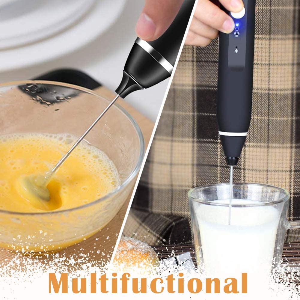 Frother shown blending green matcha tea in a transparent glass, creating a smooth consistency.