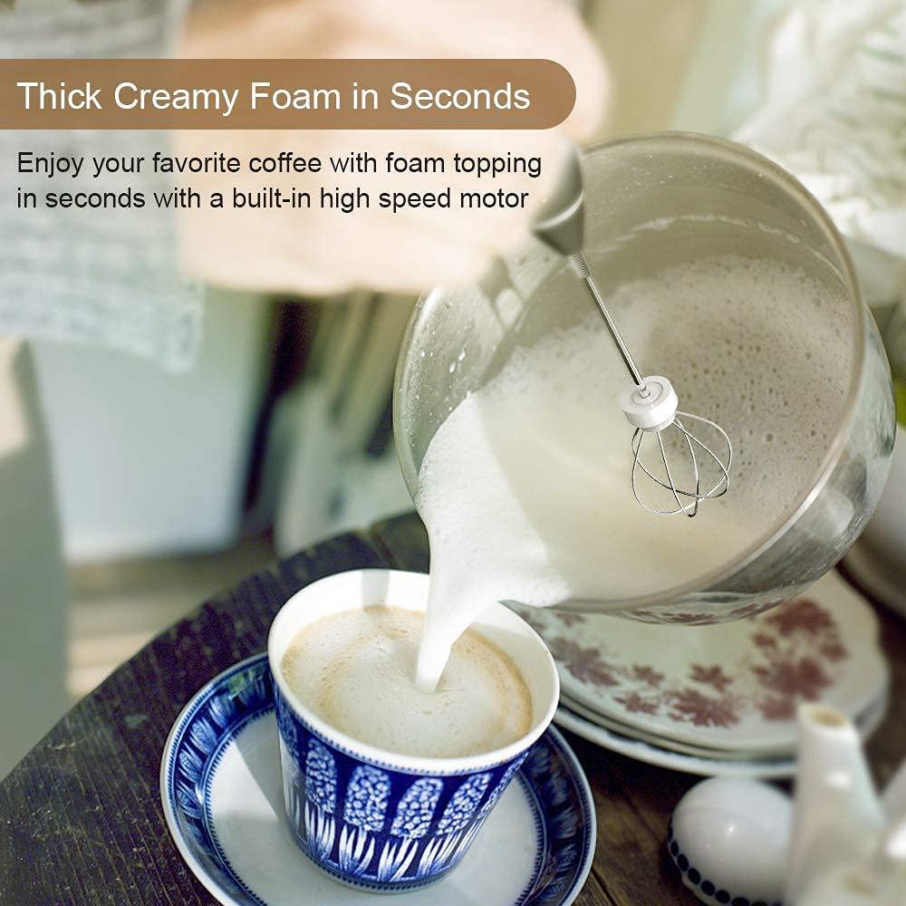Frother in action creating creamy foam in a coffee cup, showcasing speed and power.