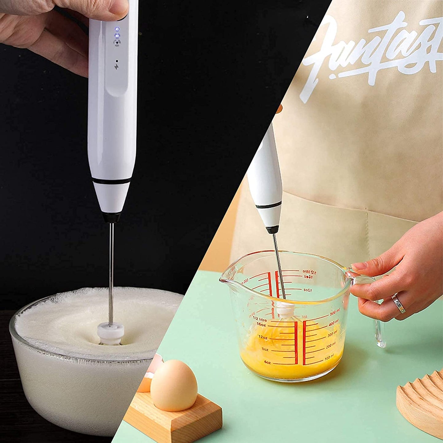 Electric milk frother mixing protein shake in bottle