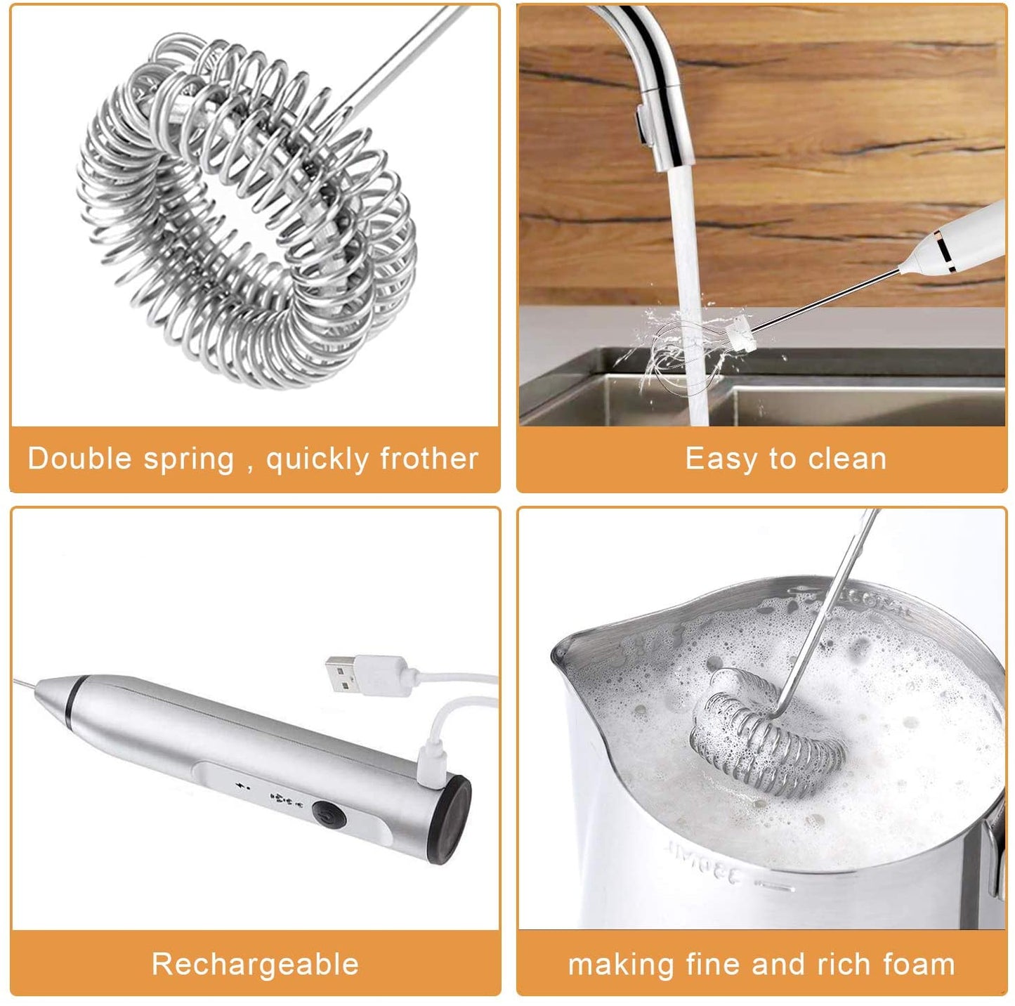 Stainless steel whisk head on handheld milk frother
