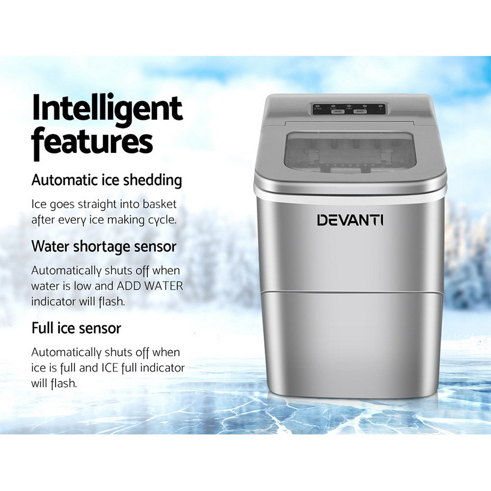 Complete product bundle including the red ice maker, ice basket, scoop, and manual.