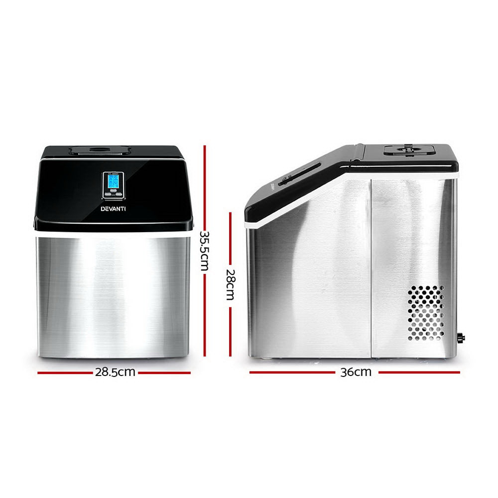 Two stainless steel ice makers with dimensions indicated on a white background