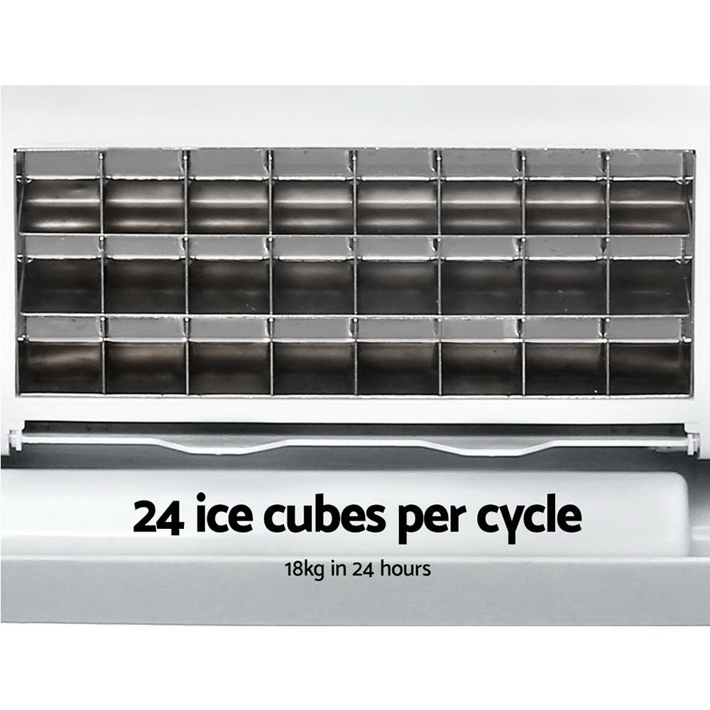 Ice maker with text indicating 24 ice cubes per cycle and 18kg in 24 hours.