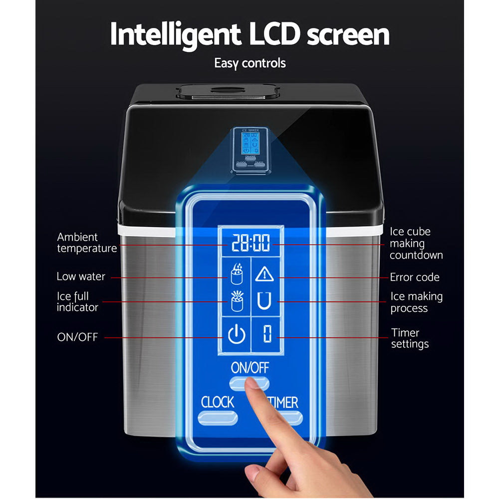 Digital ice maker with an intelligent LCD screen and easy controls on a black background.