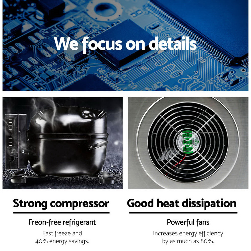 Advertisement highlighting a strong compressor and good heat dissipation with images of a compressor and fan.