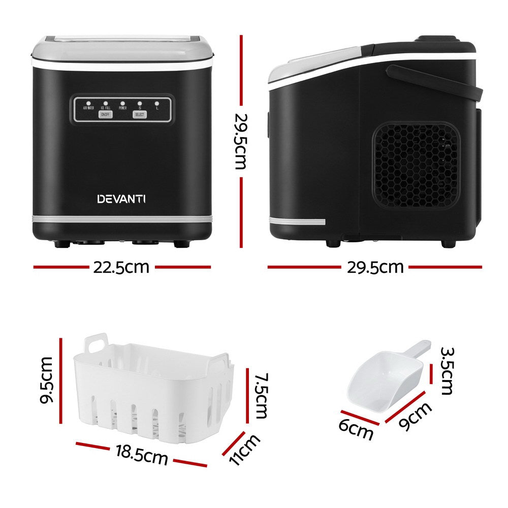 Ice maker setup with included scoop and basket removed for easy ice serving.